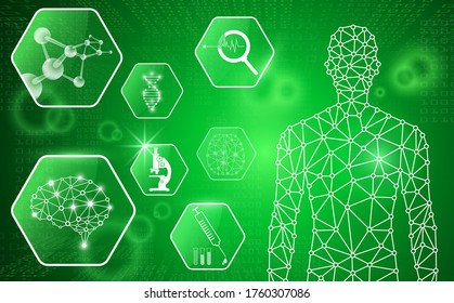 abstract background technology concept in green light,human body heal,technology modern medical science in future and global international medical with tests analysis clone DNA human