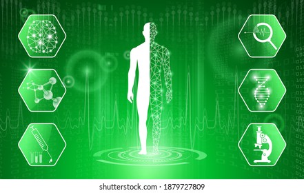 concepto de tecnología de fondo abstracto en luz verde, sanación corporal humana, tecnología de ciencia médica moderna en el futuro y medicina internacional global con análisis de pruebas clon ADN humano