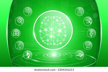abstraktes Technologiekonzept für grünes Licht, menschliche Körperheilung, Technologie der modernen Medizin in der Zukunft und globale internationale Medizin mit Tests Analyse Klon DNA menschlicher