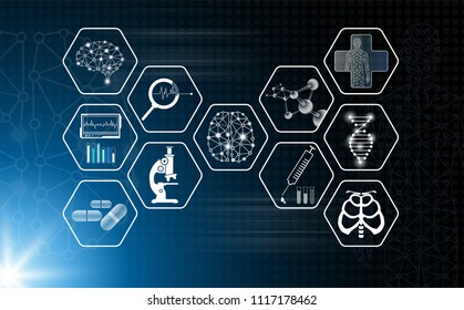 abstract background technology concept and icon in blue light,human body heal,technology modern medical science in future and global international medical with tests analysis clone DNA human