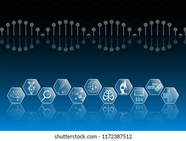 abstract background technology concept and icon in blue light,brain and human body heal,technology modern medical science in future and global international medical with tests analysis clone DNA human