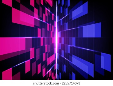 Abstract background technology digital wall perspective with overlapping blue and pink grids and squares. There is a beam of light in the center on a black and blue gradient background.