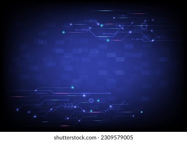 Abstract Background Technology Electronic Circuit with Elements There is a circle with a bright glowing line with empty space in the center and a blue gradient background square.