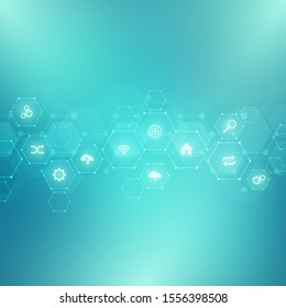 Abstract background of technology with flat icons and symbols. Concept and idea for internet of things, communication, network, innovation technology, system integration. Vector illustration