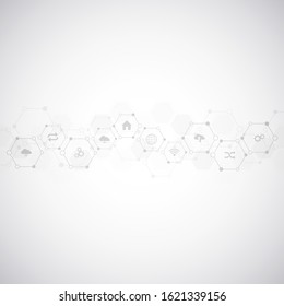 Abstract background of technology with flat icons and symbols. Concept and idea for the internet of things, communication, network, innovation technology, system integration. Vector illustration.