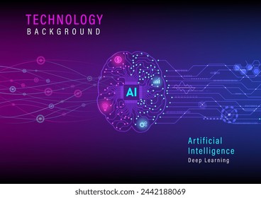 Tecnología de fondo abstracto inteligencia artificial futurista El aprendizaje automático del cerebro tiene un microprocesador con circuitos electrónicos e iconos brillantes, fondo degradado púrpura y azul.