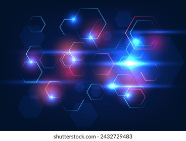 Tecnología de fondo abstracto, formas geométricas hexagonales apiladas junto con destellos agregan dimensión, mostrando la red de tecnología. ilustración vectorial, folleto, póster