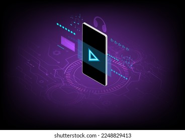 Abstract background technology mobile phone 3d isometric angle play button blue neon glow headphones,Film, musical notes and elements, hi-tech circles and circuits below, purple gradient background.