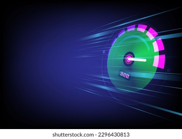 Abstract Background Technology perspective circle Pink and green top speedometer with blue moving light lines on a blue and black gradient background