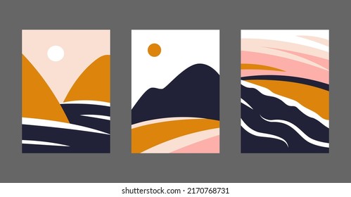 Abstract background template collection. Simple vector illustration set. Web banner or room wall posters. Flat abstraction landscapes with sea and mountain.