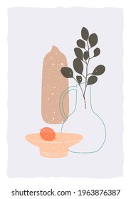 Abstract Background template with geometric and leaves shapes, hand drawn. Spots, curves, lines. Contemporary modern posters with silhouettes of leaves and pottery. Trendy Vector Poster.