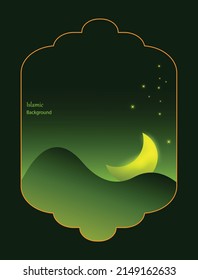 Resumen de la plantilla de fondo concepto islámico. Ilustración de la luna, las estrellas y la montaña con color degradado.