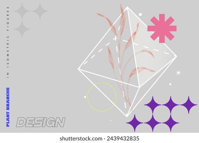Abstract background template with isometric figure, geometric shapes and halftone branch.