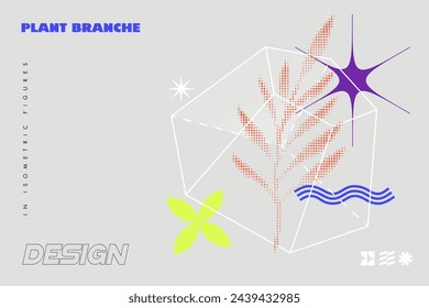 Abstract background template with isometric figure, geometric shapes and halftone branch.