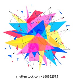 Abstract background template. Paper geometric polygon and triangle shapes explosion. Dynamic colorful backdrop. Vector illustration.