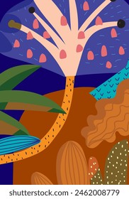 Plantilla de fondo Abstractas, cartel con flores, plantas y flores arte de línea dibujado a mano Ilustración vectorial.