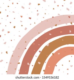 Abstract background with terrazzo and simple geometric rainbow. Simple stripy arc bow on terracotta mozaic texture. Childish vector illustration in Scandinavian style in earth colours palette.