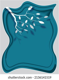 Abstract background for text with blue paper cut patterns and decorative branch with leaves. Layout vector design for business presentations, banners, flyers, posters, invitations, cards