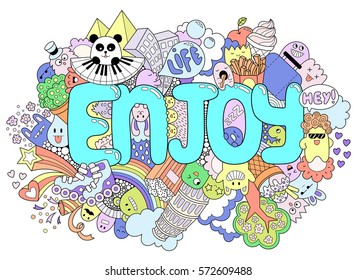 Abstract background with text enjoy. Texture for typography. Template for advertising, postcards, banner, web design, printing on clothes. Set of cartoon characters. Hand lettering 