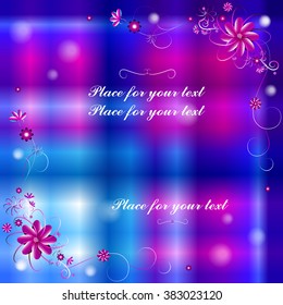 Abstract background for text with stylized pattern of pink flowers and pink and blue highlights