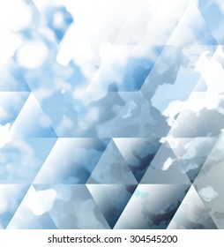 Abstract background texture with blue strokes of paint ang transparent triangular shapes. Stylish texture for use as a background. Abstract representations of blue sky, clouds or water.