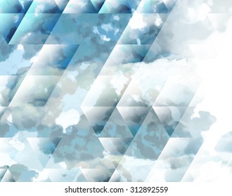 Abstract background texture with blue strokes of paint ang transparent triangular shapes. Stylish texture for use as a background. Abstract representations of blue sky, clouds or water.