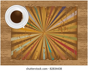 Abstract background texture composed of wood, coffee cup and torn sheets of parchment with the radiating
