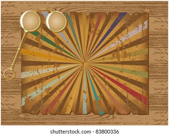Abstract background texture composed of wood and torn sheets of parchment with the radiating, eyeglasses