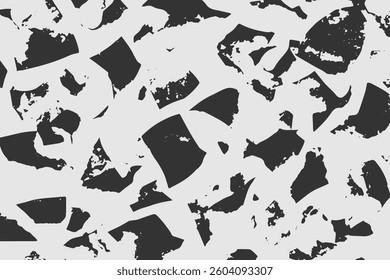 Abstract background texture with destruction effect, ink stains, grunge. Distress overlay, rough dirty wall concept. Black, gray. Worn, torn, weathered effect. Vector background