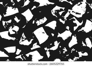 Abstract background texture with destruction effect, ink stains, grunge. Distress overlay, rough dirty wall concept. Black, gray. Worn, torn, weathered effect. Vector background