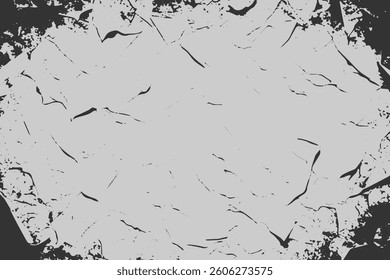 Abstract background texture with destruction effect, ink stains, grunge. Distress overlay, rough dirty wall concept. Black, gray. Worn, torn, weathered effect. Vector background