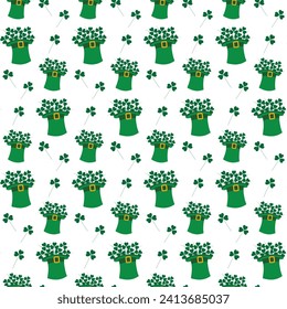 Abstract background texture of free hand drawn shamrocks bouquet and leprechaun hat in trendy green