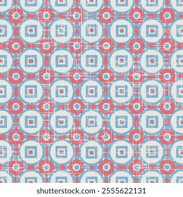 Abstract background texture in geometric ornamental style. Seamless design. grunge textured Geometric Retro Design Style Wallpaper Seamless Pattern on blue with pink background.