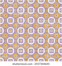 Abstract background texture in geometric ornamental style. Seamless design. grunge textured Geometric Retro Design Style Wallpaper Seamless Pattern on purple with yellow background.