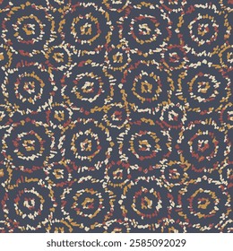 Abstract background texture in geometric ornamental style. Geometric circle texture pattern in red, cream and yellow colors on black background.