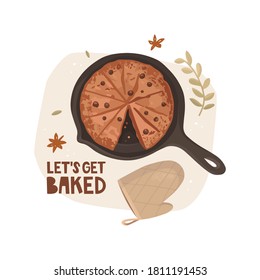 Abstract background with texture, leaves. Prepared dish, homemade baked goods. Pie, spices, oven mitt. Cozy home atmosphere. Let's get baked handwritten lettering. Hand-drawn vector illustration.