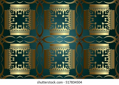 abstract background texture old Victorian pattern element in gold on a green color