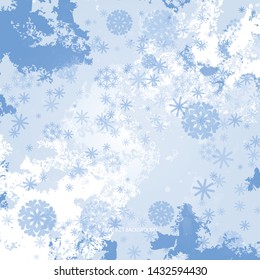 Abstract background texture reminding a winter sky in a silvery blue haze with clouds and blue snowflakes.
		