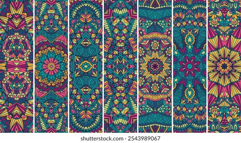 Abstract background texture seamless pattern vector. Boho zen ornamental mandala collection of banners. Ethnic geometric mandala doodle detailed print. Colorful psychedelia background ornament