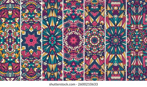 Abstract background texture seamless pattern vector. Boho zen ornamental mandala collection of banners. Ethnic geometric doodle detailed print. Colorful psychedelic bookmark ornament