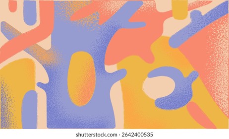 Abstract background with textured shapes in pastel colors. Features organic forms in pink, blue, yellow, and orange tones. Suitable for modern design projects.