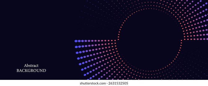 An abstract background that features small dots arranged in curves and a large circle made up of small dots. These dots are colored purple and red.