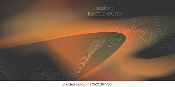 An abstract background that uses warm tones such as orange, brown and dark green, blended harmoniously. It features curves and thin lines that are drawn horizontally and curved downwards.