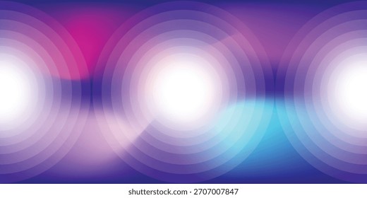 Um plano de fundo abstrato com três luzes brancas brilhantes cercadas por círculos concêntricos em um gradiente roxo, azul e magenta colorido.