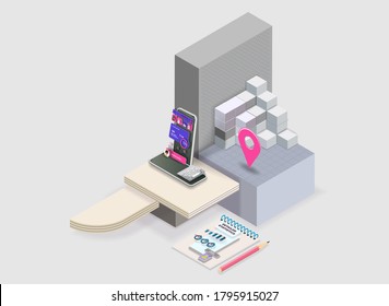 Abstract background with three-dimensional shapes and mobile phones with a financial app and geo-grid. Vector banner