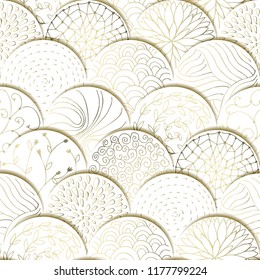 Abstract background of tiled Golden rounds with  decorative elements - waves, flowers, wet, seashells, lines etc. Vector. Seamless. Wedding design 