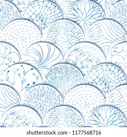 Abstract background of tiled rounds with watercolored decorative elements - waves, flowers, wet, seashells, lines etc. Vector. Seamless
