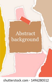 Abstract background with torn paper pieces in pastel colors and square note. Greeting card template with design elements in scandinavian style. Paper cut collage design. Fashion vector Illustration.