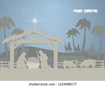 Abstract background of Traditional Christmas Nativity Scene of baby Jesus in winter background, paper art and vector style