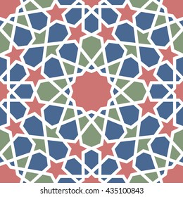 Abstract background with traditional ornament. Vector illustration. Seamless pattern. Arabic, Uzbekistan, Oriental, Eastern floor and wall tile. Pattern. Blue green red